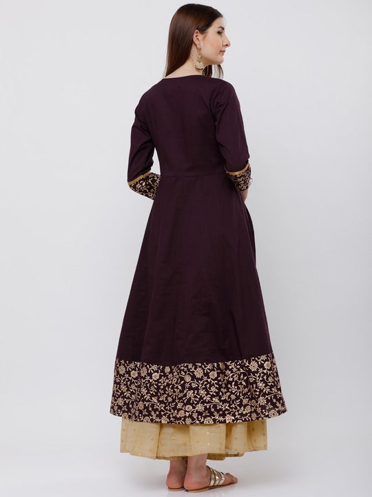 Vishudh Women Burgundy & Gold-Toned Woven Design Anarkali Kurta