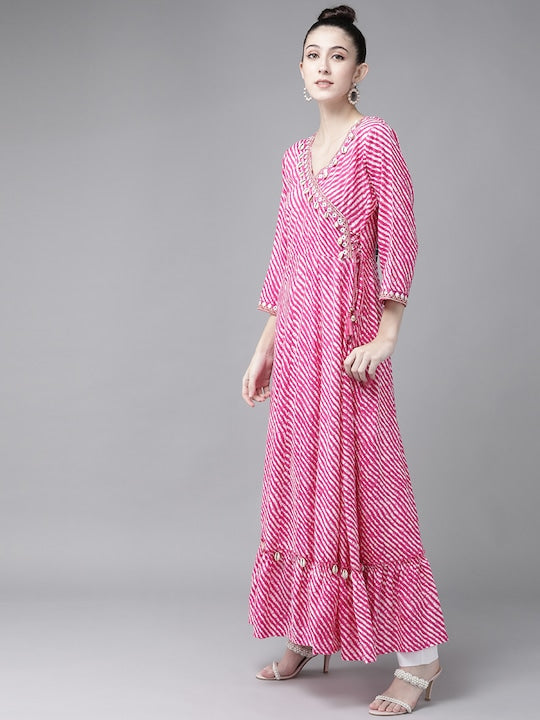 Yufta Women Pink & Off White Leheriya Print Mirror Work A-Line Kurta