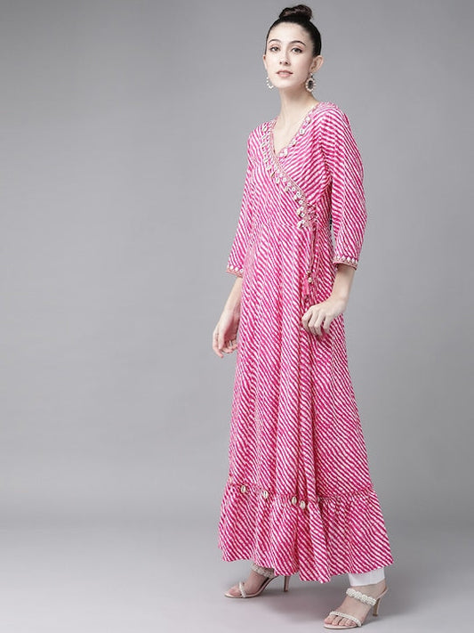 Yufta Women Pink & Off White Leheriya Print Mirror Work A-Line Kurta