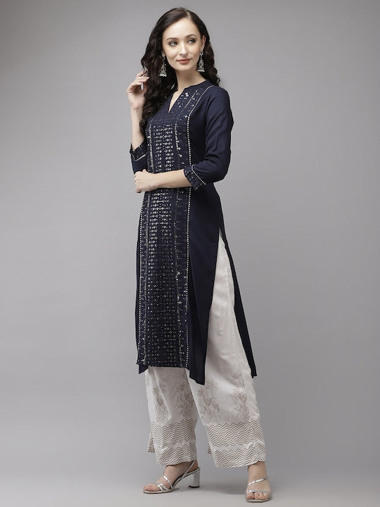 Yufta Women Navy Blue Regular Sequinned Kurta with Palazzos