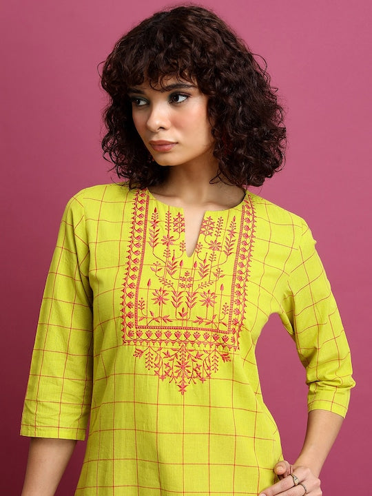 Vishudh Lime Green Checked Thread Work Detailed Cotton Straight Kurta