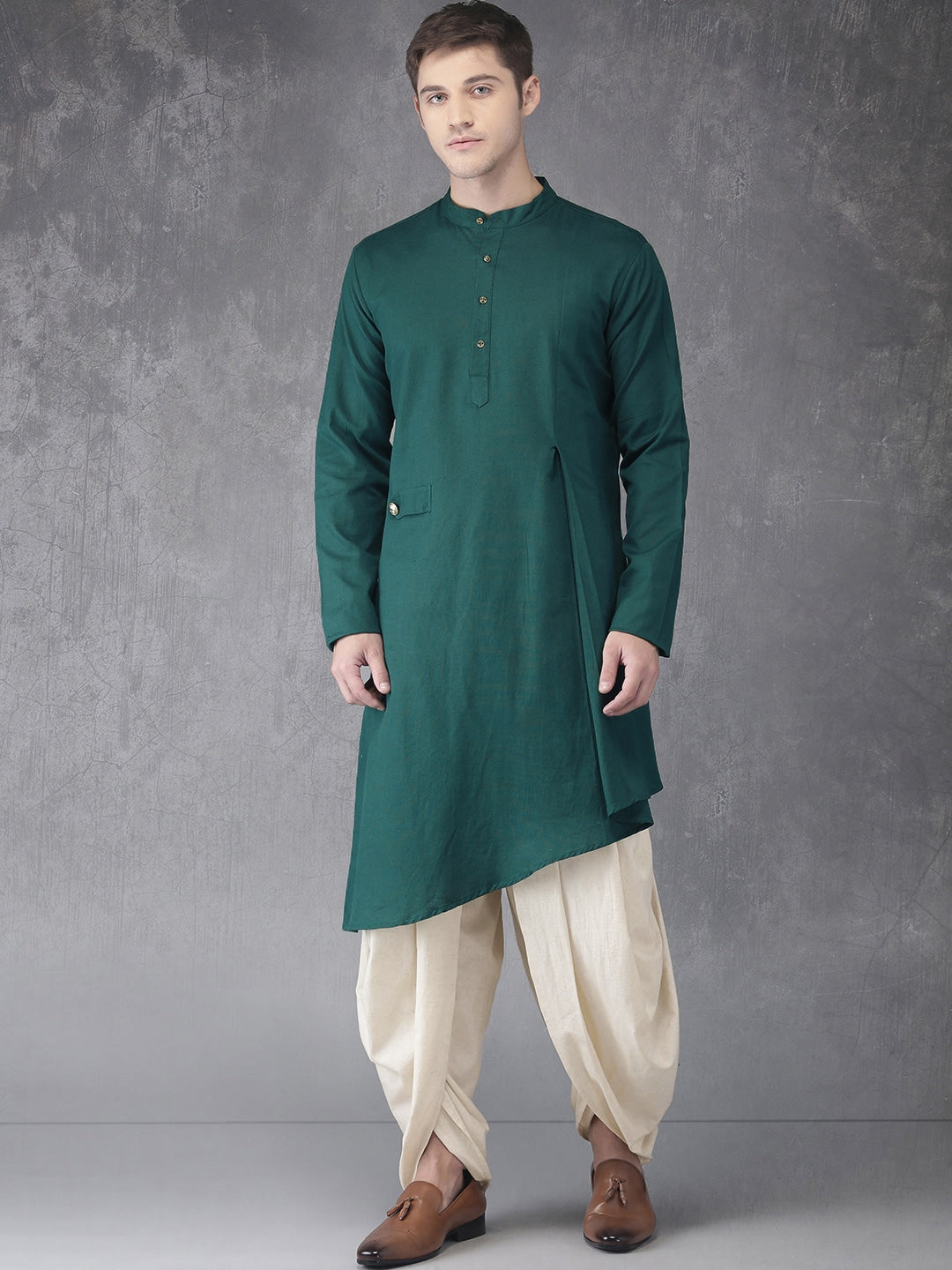 Anouk Men Green & Off White Solid Kurta with Dhoti Pants