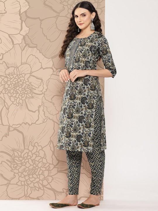 Yufta Women Floral Printed Regular Sequinned Pure Cotton Kurta with Trousers & Dupatta