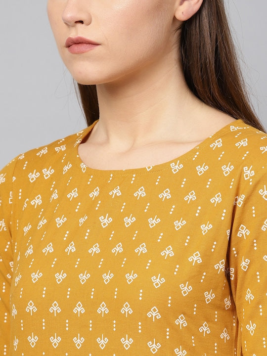 Yufta Women Mustard Yellow & Off-White Block Print Kurta with Trousers
