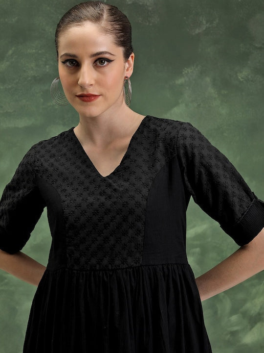 Vishudh Floral Embroidered V-Neck A-Line Midi Dress