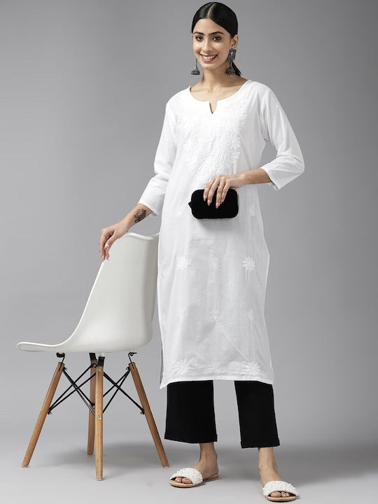 Yufta Floral Embroidered Notched Neck Chikankari Pure Cotton Kurta