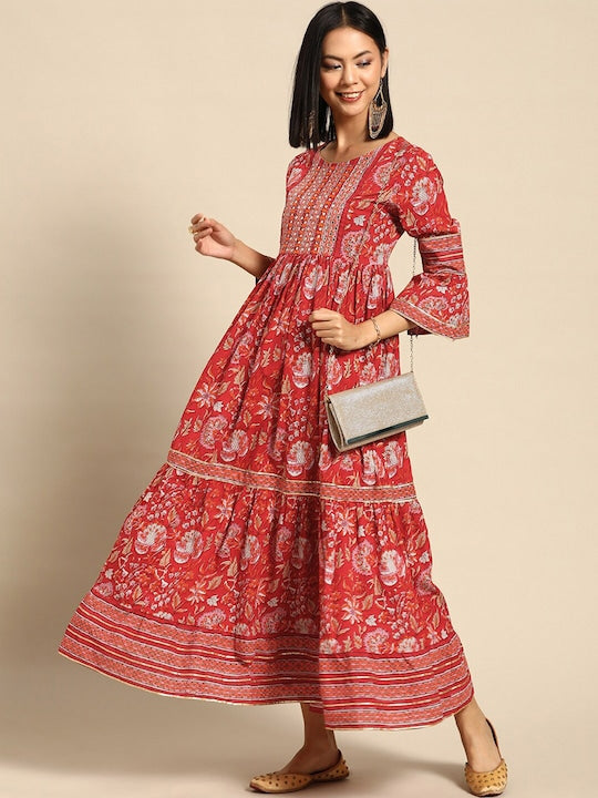 All about you Maroon Ethnic Motifs Print Bell Sleeve Maxi Dress