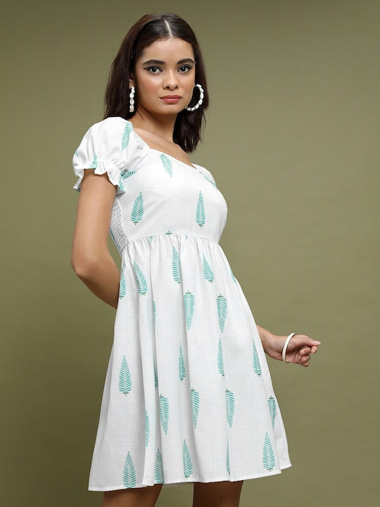 Vishudh White Conversational Printed Puff Sleeve Fit & Flare Dress