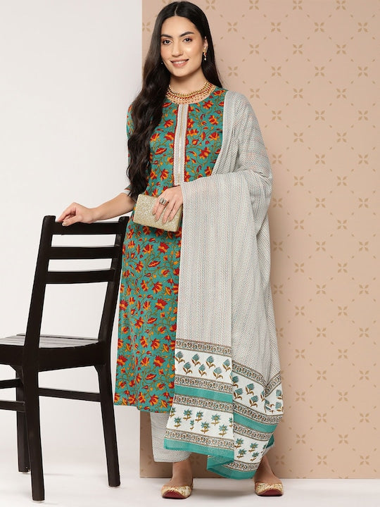 Yufta Floral Printed Regular Pure Cotton Kurta with Palazzos & With Dupatta