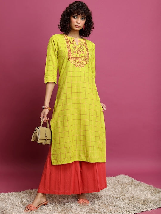 Vishudh Lime Green Checked Thread Work Detailed Cotton Straight Kurta