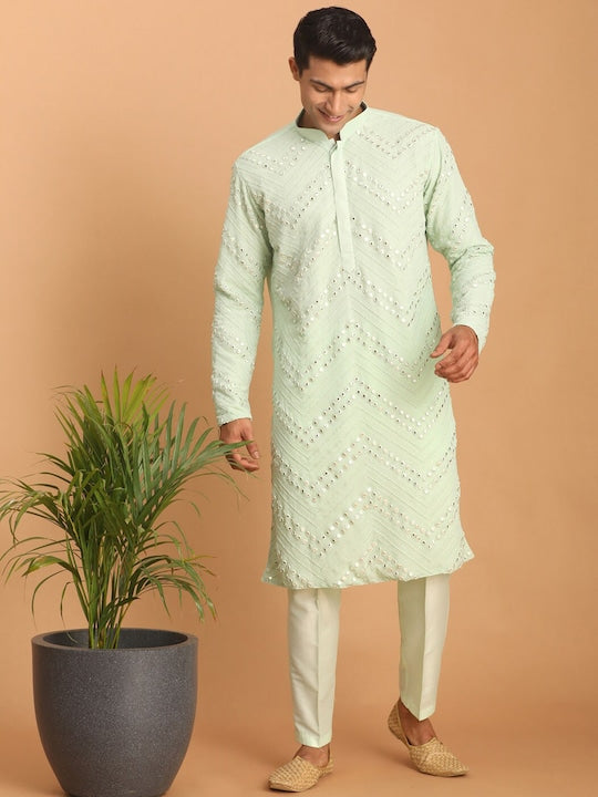 Vastramay Chevron Embroidered Mirror Work Kurta with Pyjamas