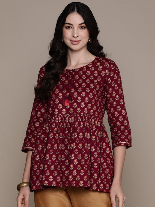 Anubhutee Floral Printed Tie Up Neck Pleated Kurti