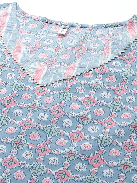 Yufta Women Blue Ethnic Motifs Printed Gotta Patti Pure Cotton Kurta with Trousers & With Dupatta