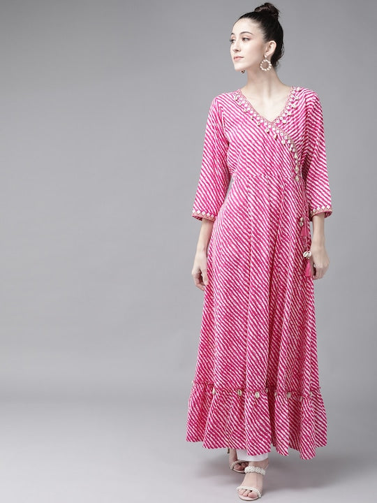 Yufta Women Pink & Off White Leheriya Print Mirror Work A-Line Kurta