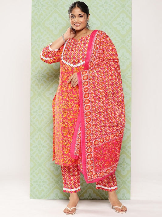 Yufta Women Plus Size Floral Printed Pure Cotton Kurta with Trousers & With Dupatta - 4XL