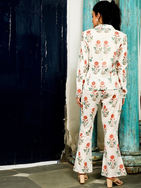 AKS Couture Floral Printed Pure Cotton Blazer With Trousers & Waistcoat