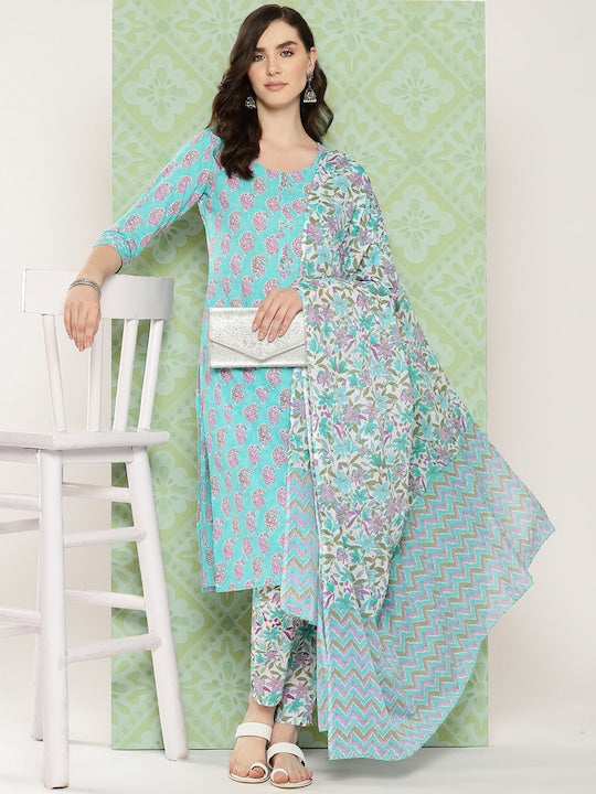 Yufta Women Paisley Printed Regular Pure Cotton Kurta with Trousers & With Dupatta Sea Green