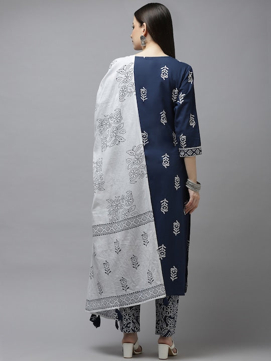 Yufta Women Navy Blue Printed Layered Pure Cotton Kurta with Trousers & Dupatta