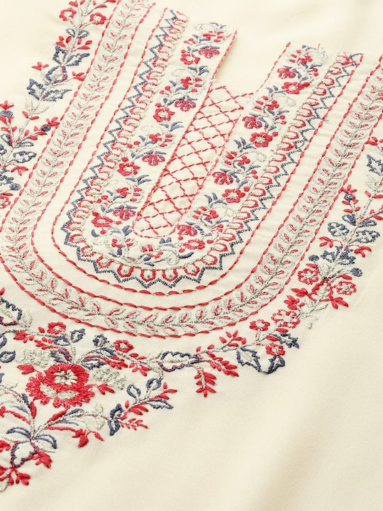 Yufta Women Cream-Coloured Ethnic Motifs Embroidered Regular Thread Work Kurta with Palazzos & With Dupatta