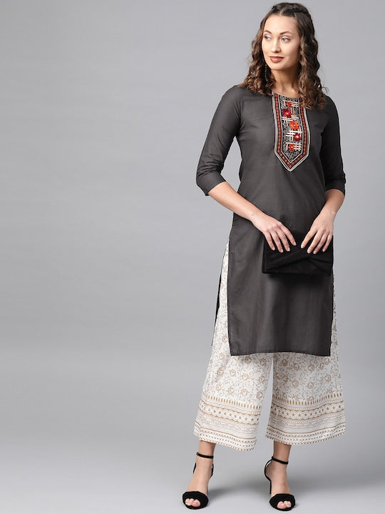 Anubhutee Women Charcoal Grey Yoke Design Straight Kurta