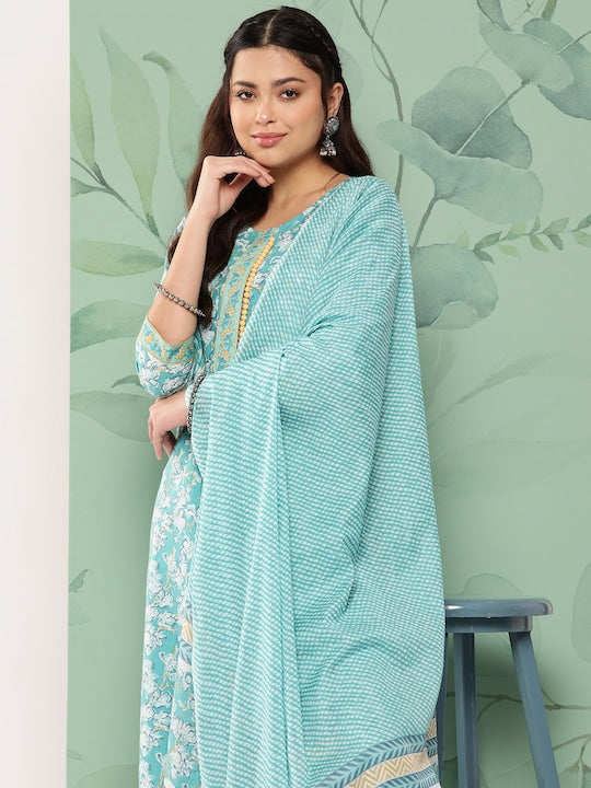 Yufta Women Blue Floral Printed Pure Cotton Kurta with Trousers & With Dupatta