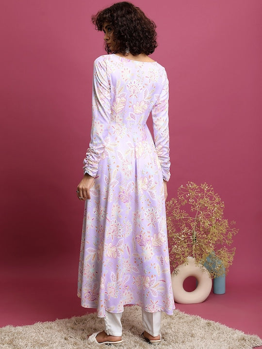Vishudh Lavender Ethnic Motifs Printed Round Neck Long Sleeve Anarkali Kurta