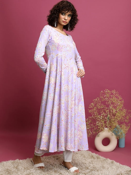 Vishudh Lavender Ethnic Motifs Printed Round Neck Long Sleeve Anarkali Kurta