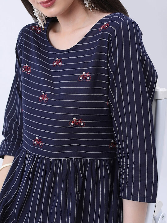 Vishudh Navy Blue Striped Cotton Fit & Flare Midi Dress