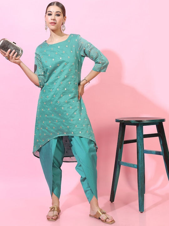 Vishudh Women Turquoise Blue Embroidered Kurta Set - XL