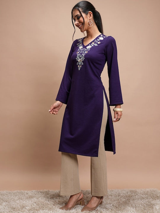 Vishudh Violet Floral Embroidered V-Neck Long Sleeves Thread Work Kurta