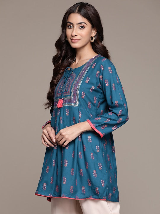 Anubhutee Ethnic Motifs Printed Tie Up Neck Sequinned Kurti