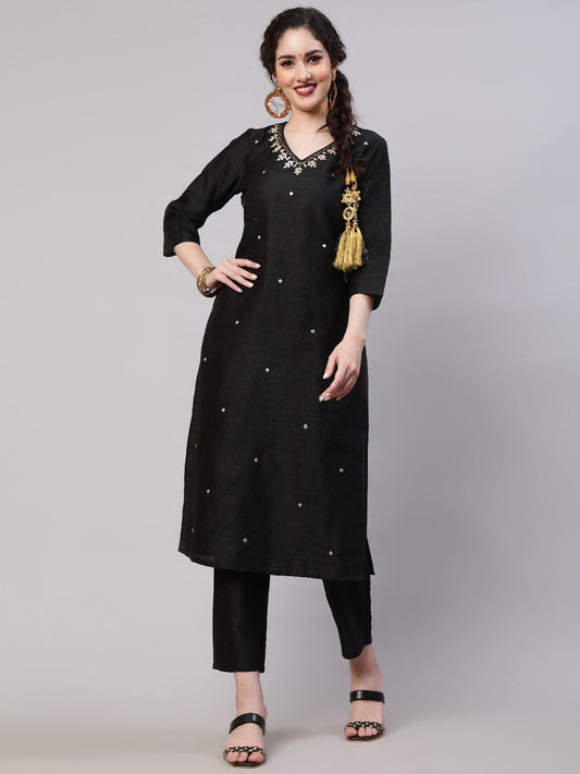 AKS Ethnic Motifs Embroidered Mirror Work Straight Kurta with Trousers
