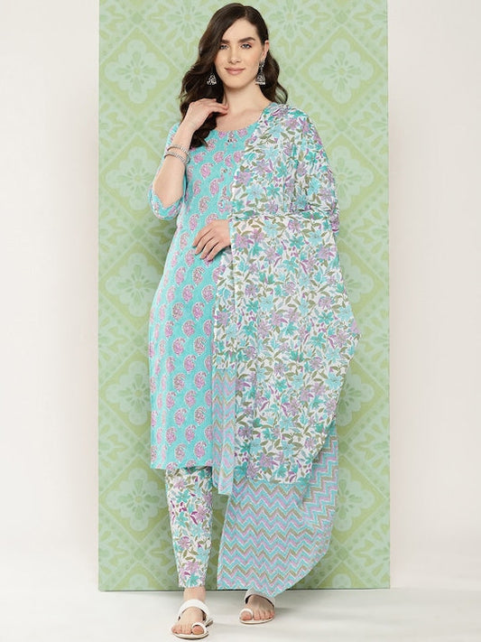 Yufta Women Paisley Printed Regular Pure Cotton Kurta with Trousers & With Dupatta Sea Green