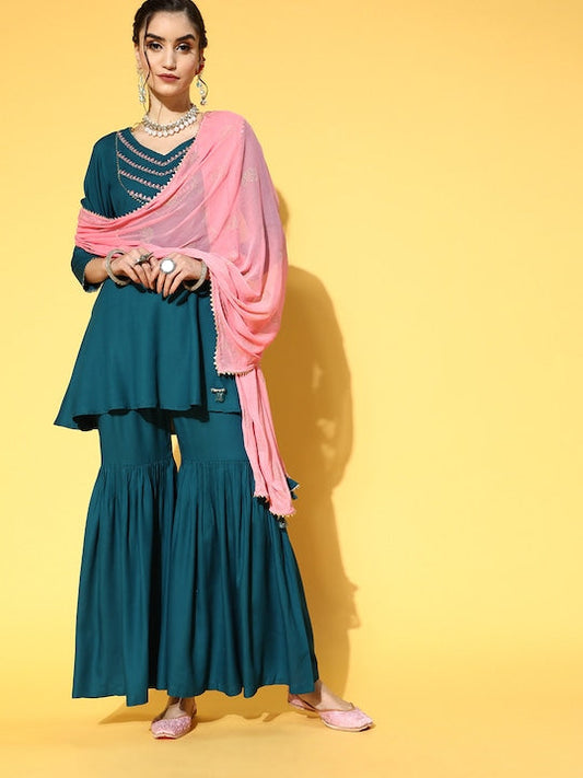 Yufta Women Teal Yoke Design Empire Gotta Patti Kurti with Sharara & With Dupatta