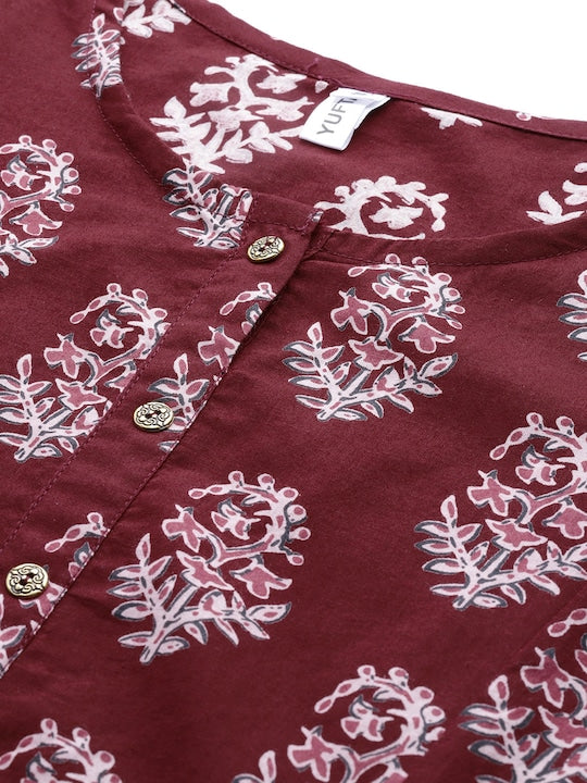 Yufta Women Maroon & Off White Ethnic Motifs Printed Pure Cotton Kurta with Palazzos