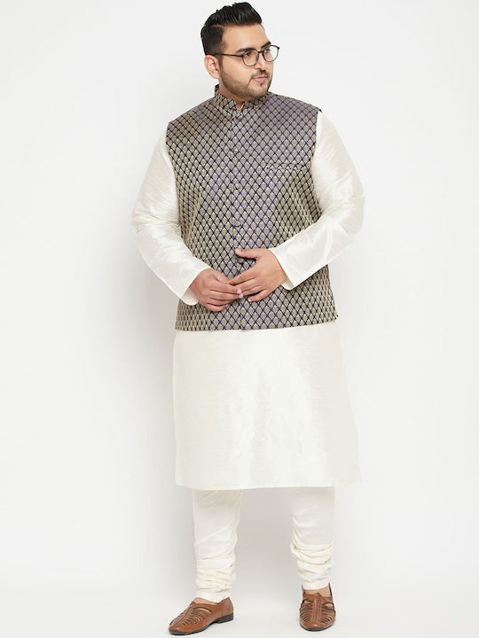 Vastramay Men Cream-Colored & Blue Woven Designed Kurta with Churidar & Jacket