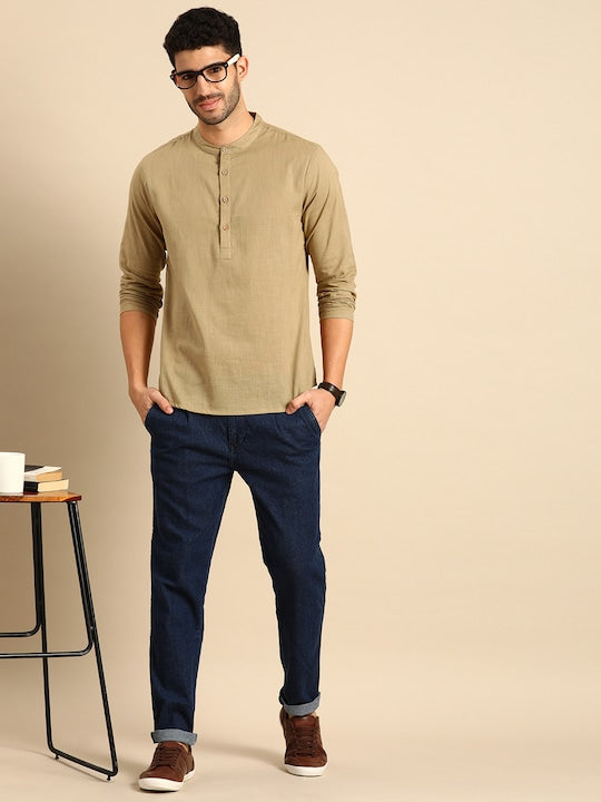 Anouk Men Khaki Pure Cotton Daily Wear Waist Length Kurta