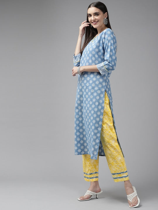 Yufta Women Blue & Yellow Ethnic Motifs Printed Kurta with Trousers & Dupatta