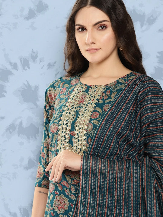 Yufta Women Ethnic Motifs Printed Mirror Work Pure Cotton Kurta with Trousers & Dupatta