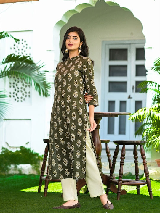 Yufta Women Green Ethnic Motifs Printed Pure Cotton Kurta with off White Solid Palazzos