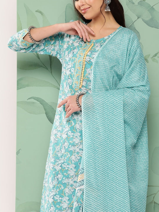 Yufta Women Blue Floral Printed Pure Cotton Kurta with Trousers & With Dupatta