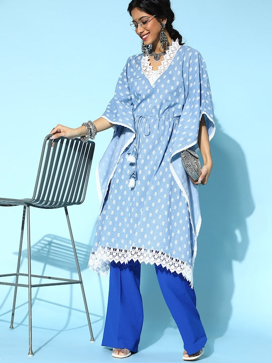 Yufta Women Blue & White Printed Cotton Kaftan Kurta
