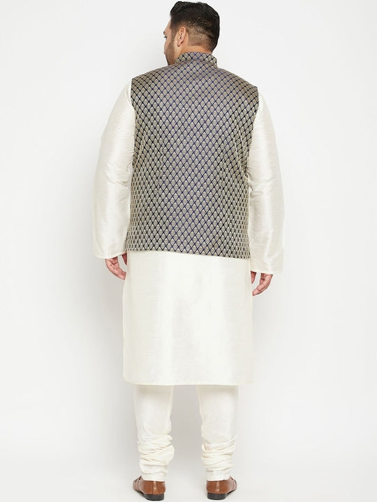 Vastramay Men Cream-Colored & Blue Woven Designed Kurta with Churidar & Jacket