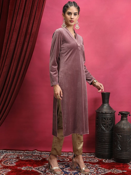 Vishudh Maroon Embroidered Neck Band Straight Kurta