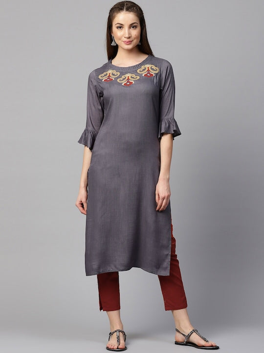Yufta Women Grey Kurti with Trousers