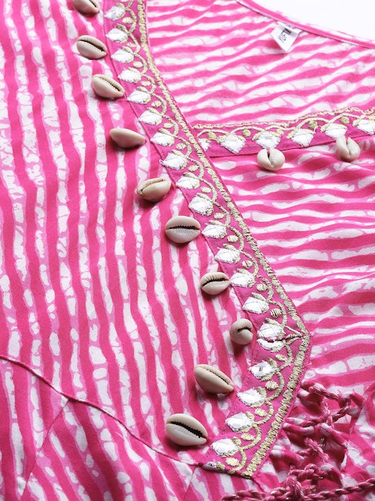 Yufta Women Pink & Off White Leheriya Print Mirror Work A-Line Kurta