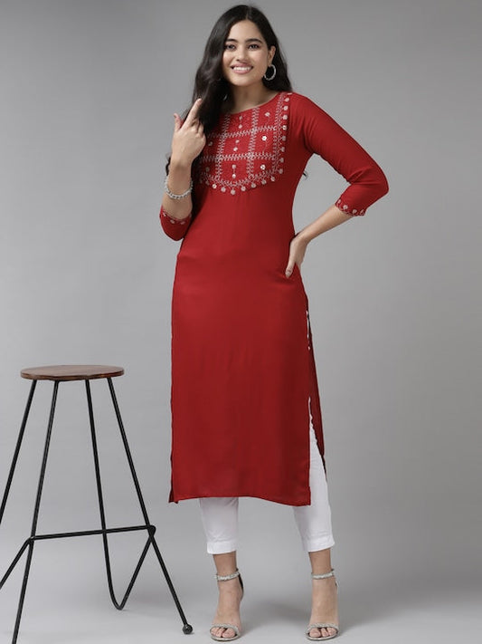 Yufta Women Red Ethnic Motifs Yoke Design Thread Work Kurta - L