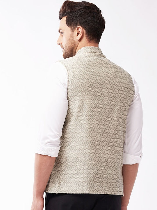 Vastramay Men Beige & Grey Woven Design Nehru Jackets