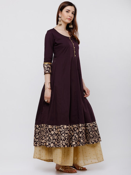 Vishudh Women Burgundy & Gold-Toned Woven Design Anarkali Kurta