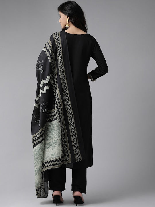 Yufta Women Black & Beige Yoke Design Kurta with Trousers & Dupatta